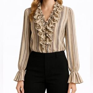 Grege Stripe Romantic Ruffle Sheer Blouse